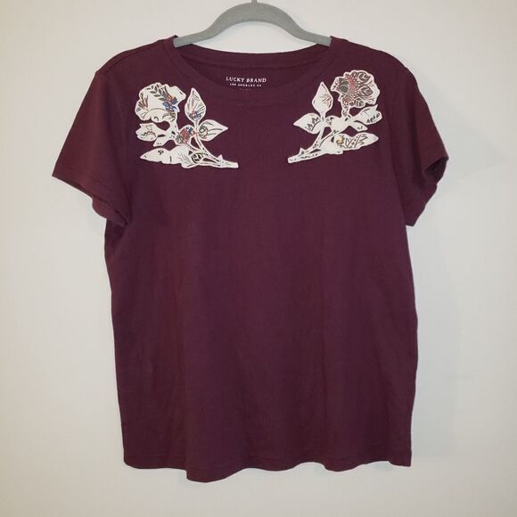 LUCKY BRAND BURGUNDY EGGPLANT TEE WITH PATCHES SIZE MEDIUM - Picture 1 of 5